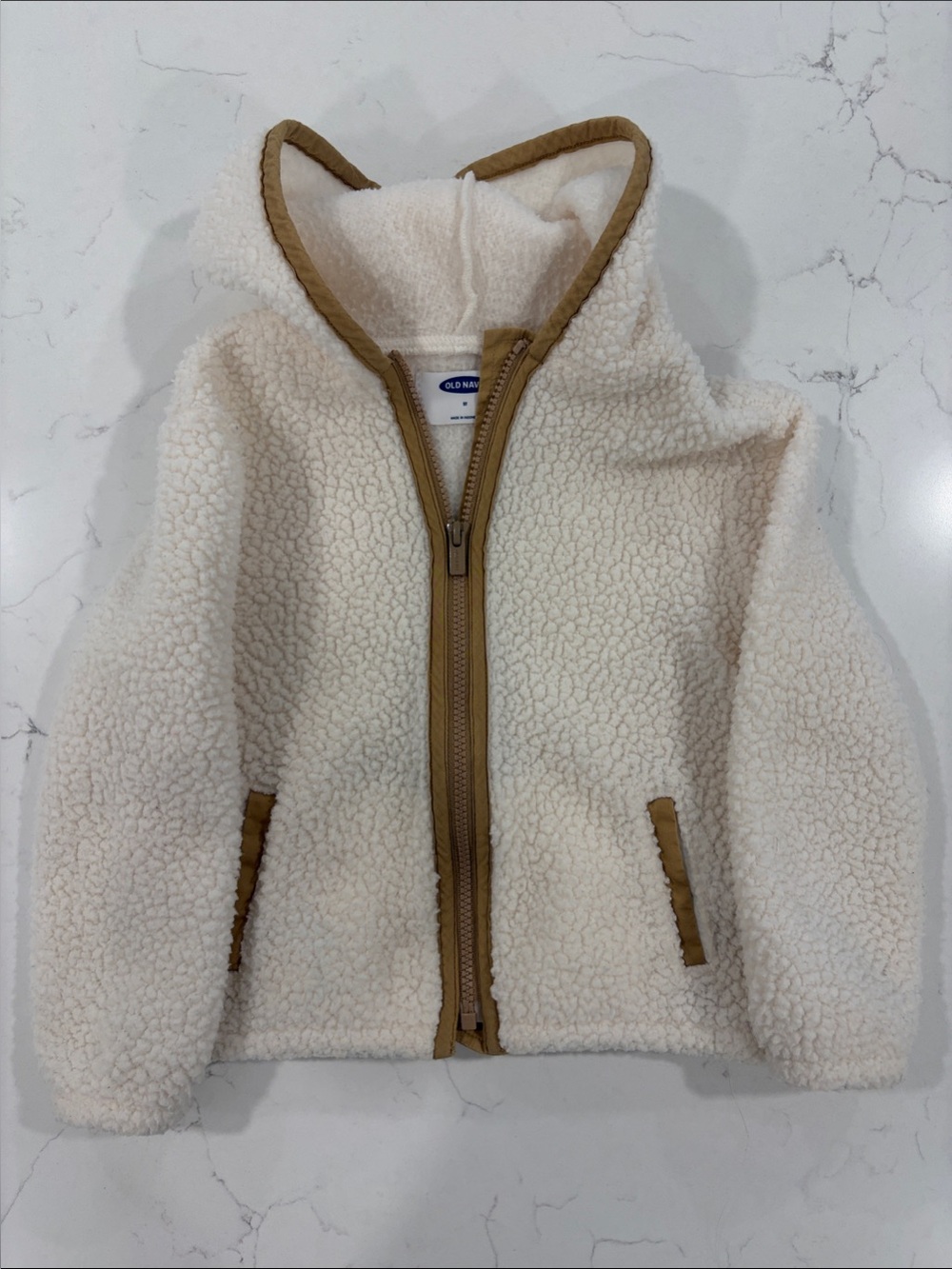 Old Navy Cream Sherpa Zip Hoodie with Tan Trim